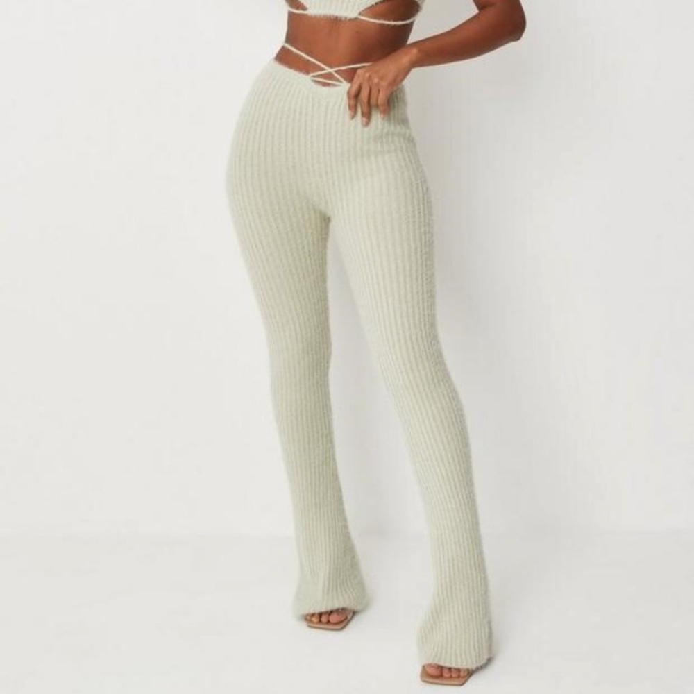 Carli Bybel x Missguided Sage Fluffy Knit Tie Waist Flare Leg Trousers